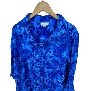 Coldwater Creek Womens Button Up Blue Floral Blouse 2X Pintuck Pleats 3/4 Sleeve